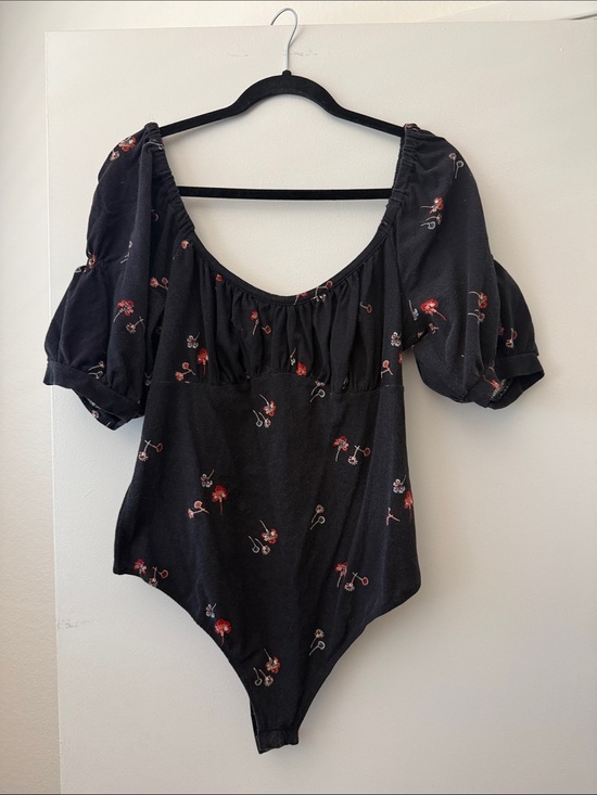 Free People Tops - Free People Black Floral Puff Sleeve Bodysuit
